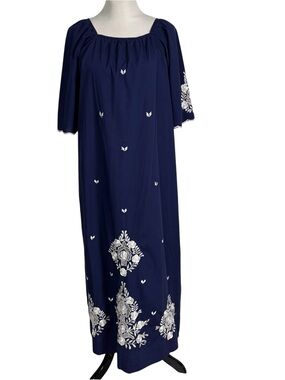 Vintage Caro of Honolulu Maxi Dress Women's S Embroidered Floral Blue